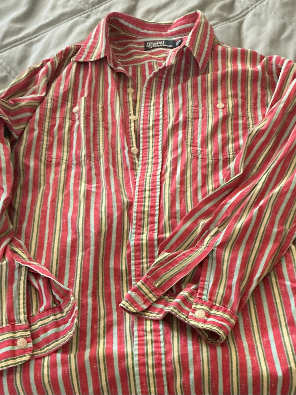Ralph Lauren Red and Cream Striped Button-Down Shirt XL